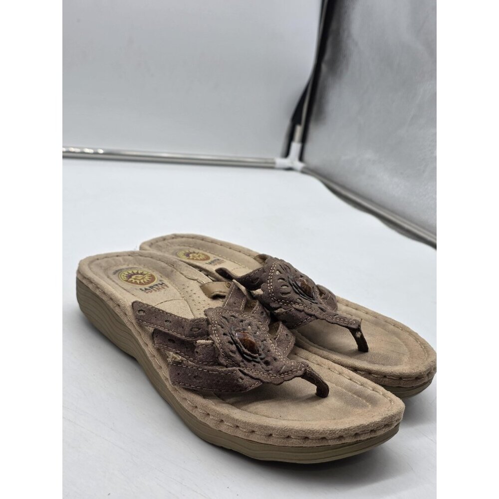 Earth Spirit Sandals Womens Size 8.5 Brown Leather Wedge Thong Comfort Shoes